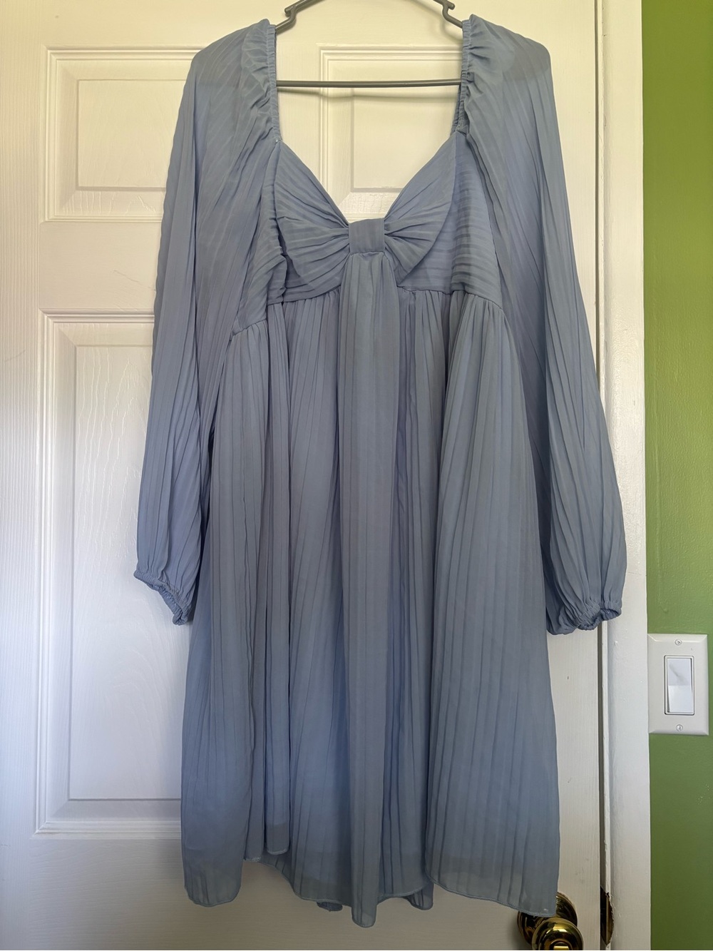 SHEIN Dusty Blue Pleated Long-Sleeve Midi Dress